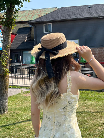 "Black Bow" Flat Top Straw Sun Hat