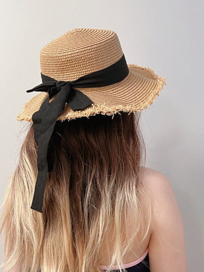 "Black Bow" Flat Top Straw Sun Hat