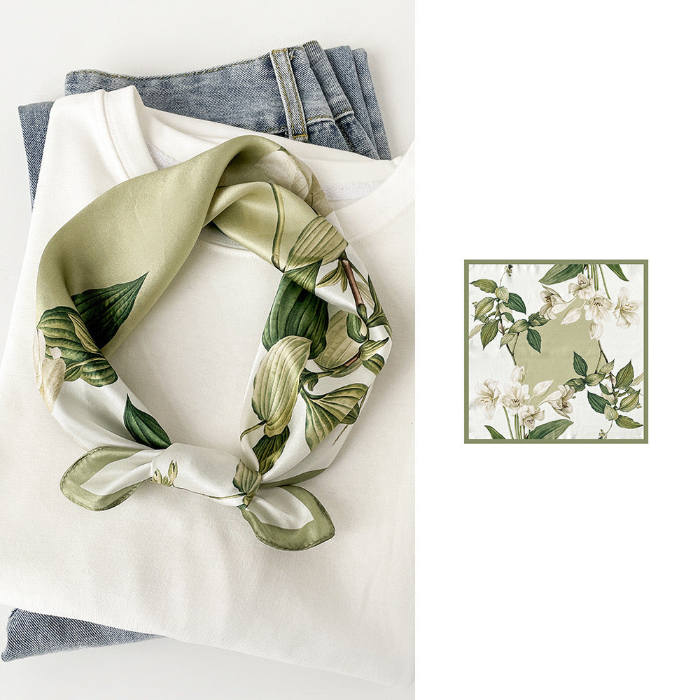 "Green Magnolia" 100% Mulberry Silk Square Scarf